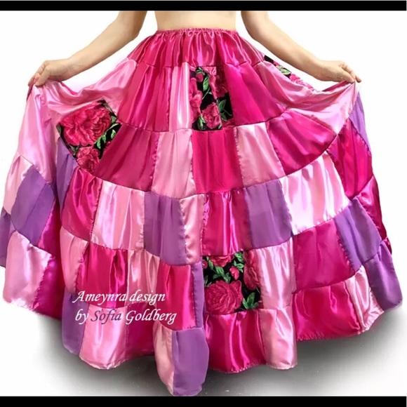 Pink satin chiffon maxi skirt, patchwork. Size M - Picture 2 of 3